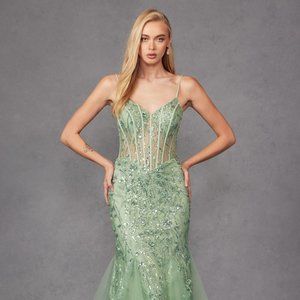 NEW LONG FORMAL SLEELVEESS MERMAID SHEER GOWN EMBROIDERED WITH BEADS JT2441S